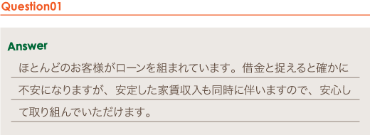 Answer ほとんどのお客様がローンを組まれています。借金と捉えると確かに不安になりますが、安定した家賃収入も同時に伴いますので、安心して取り組んでいただけます。