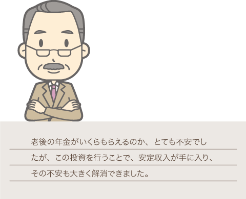 50代会社員男性オーナーの画像,老後の年金がいくらもらえるのか、とても不安でしたが、この投資を行うことで、安定収入が手に入り、その不安も大きく解消できました。