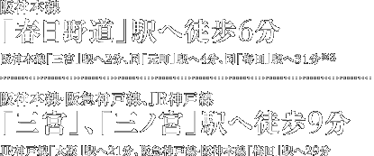 阪神本線「春日野道」へ徒歩6分 阪神本線「三宮」駅へ2分、同「元町」駅へ4分、同「梅田」駅へ31分(※3) 阪神本線・阪急神戸線、JR神戸線「三宮」「三ノ宮」駅へ徒歩9分 JR神戸線「大阪」駅へ21分、阪急神戸線・阪神本線「梅田」駅へ29分